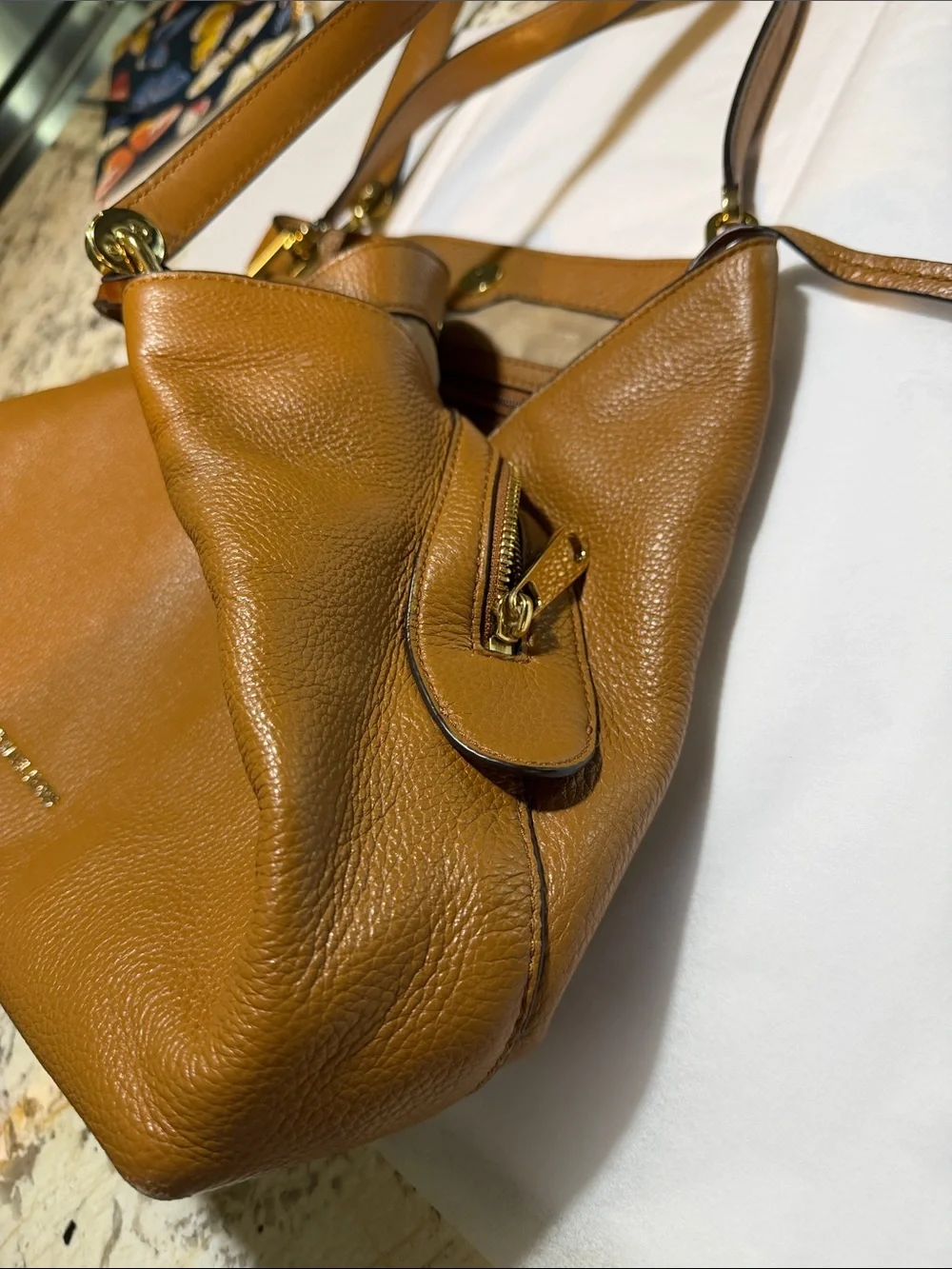 Michael Kors Cognac Pebbled Leather Shoulder Tote with Gold Hardware